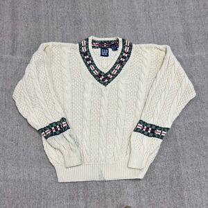 Vintage Gap Cable Knit‎ Sweater Mens Medium White 1990s V Neck